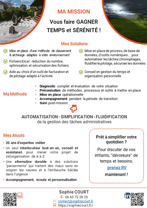 Plaquette verso de présentation Sophie Court
conseil, accompagnement en organisation et gestion administrative des TPE
